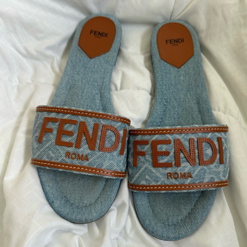Fendi Blue and Brown Designer Sandals with Bold Branding